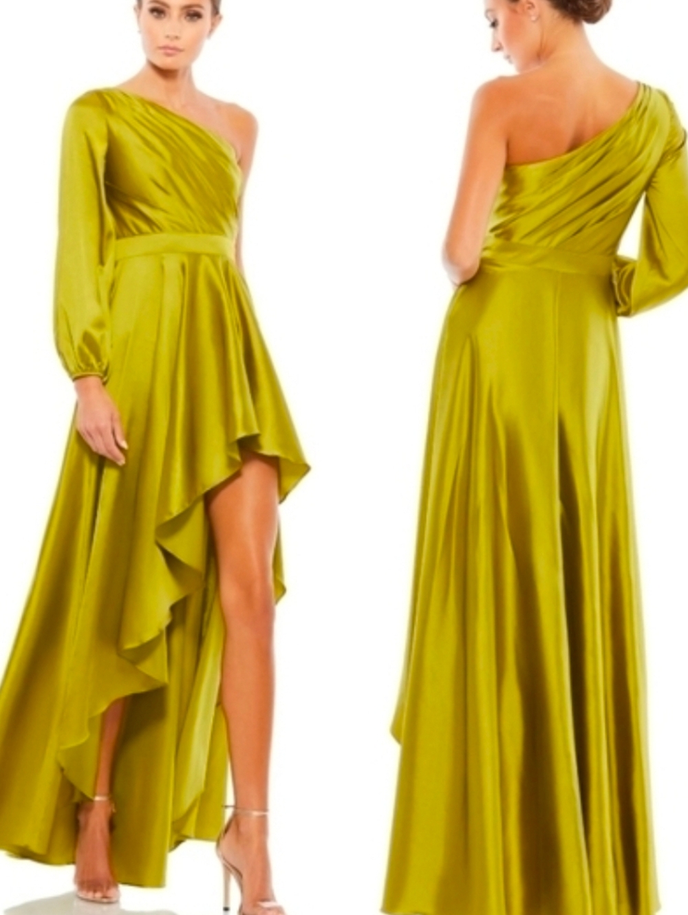 NWT Mac Duggal One-Shoulder Chartreuse High Low Ruffle Maxi Dress Sz 4